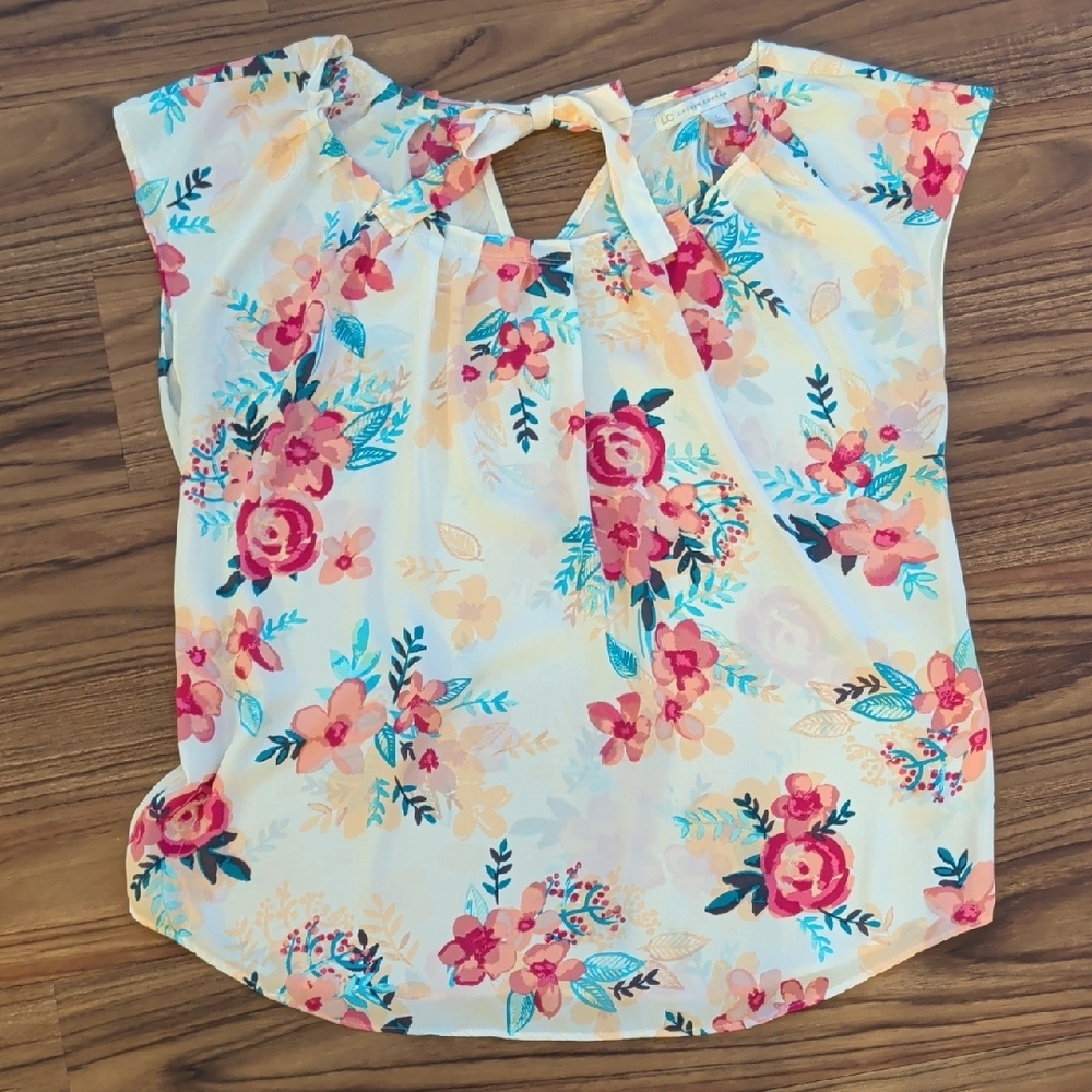 LC Lauren Conrad Cream Floral Tie-Neck Blouse with Pink and Teal Accents